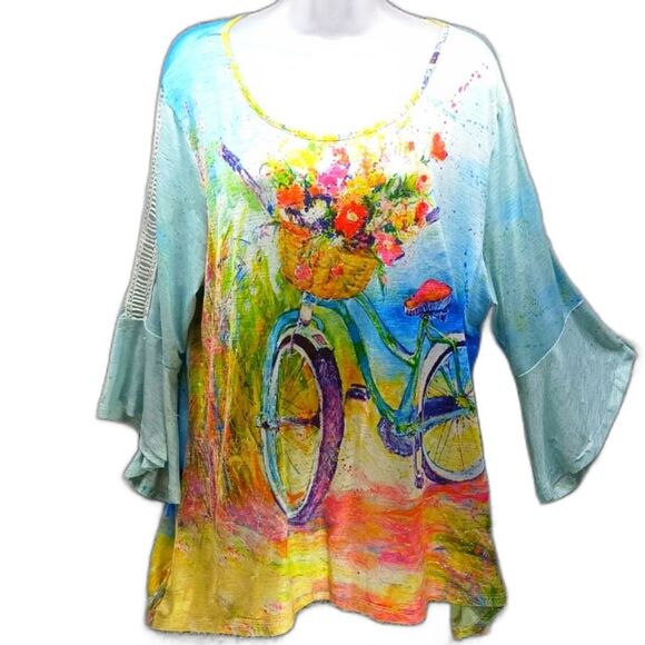 Tops - Leoma Lovegrove Wearable Art Tunic 3/4 Bell Sleeve Crochet Beach Theme Women XL.